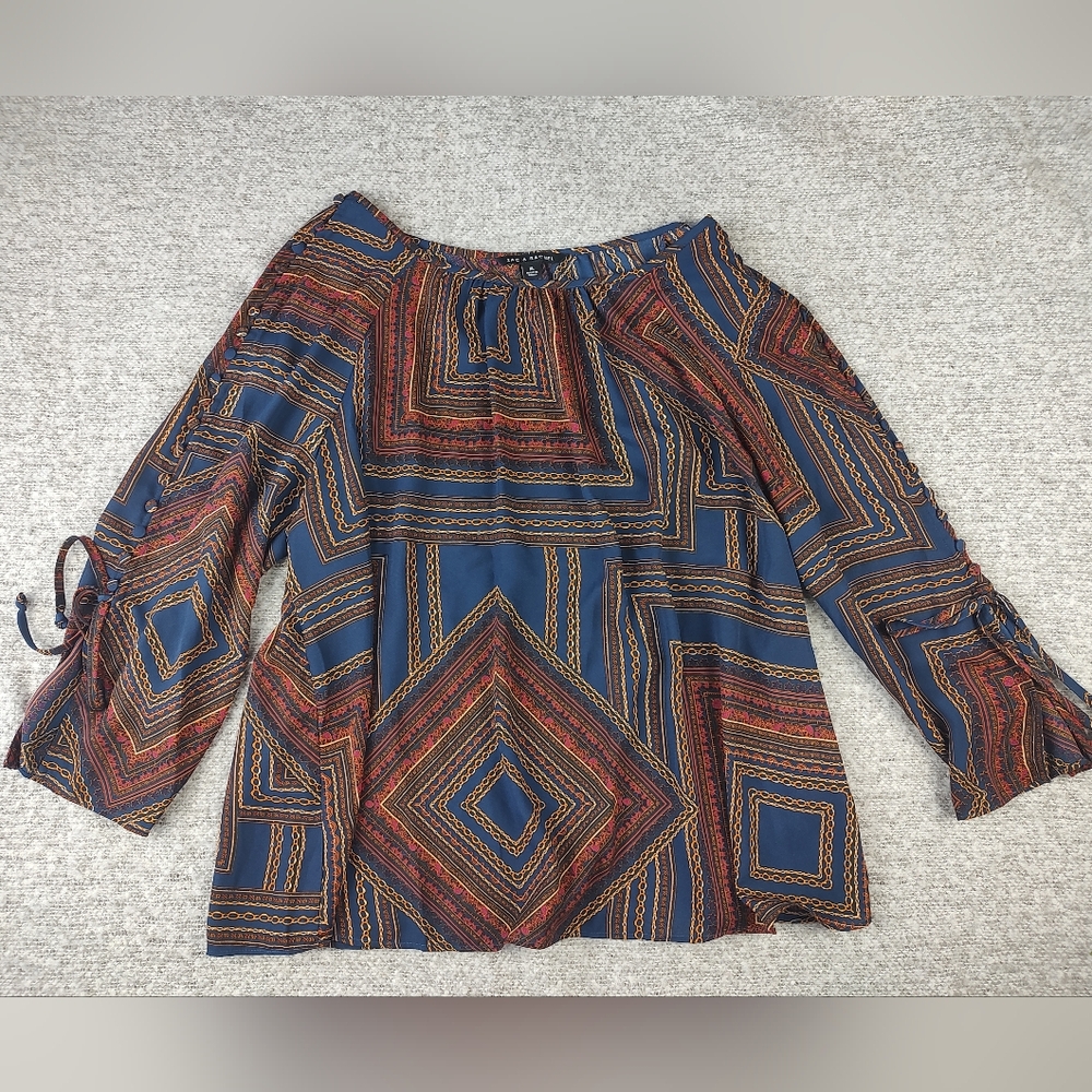 Zach Rachel Extra Large Boho Geometric Navy Rust Peasant Top - Unknown Brand